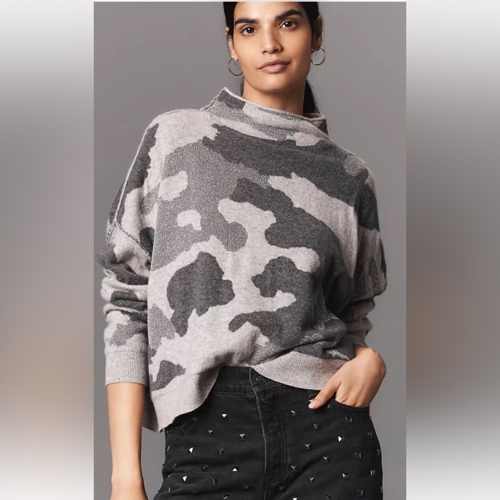 Anthropologie Pilcro Alani Cashmere Mock Neck Sweater Gray Camo silver threads
